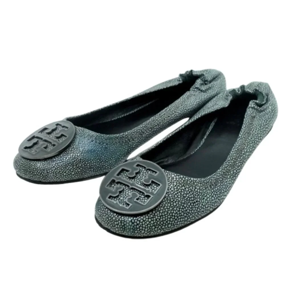 TORY BURCH~Gray Reva Logo~BALLET FLATS~ LEATHER SHOES in GRAY EEL~ SIZE 8.5M